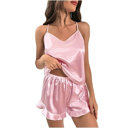 DTBPRQ Women s Silk Pajamas Set Cami Pajama Set Soft Silk Camisole Sleepwear Sexy Lingerie 2 Piece Satin PJ Set for Women with Tops and Shorts