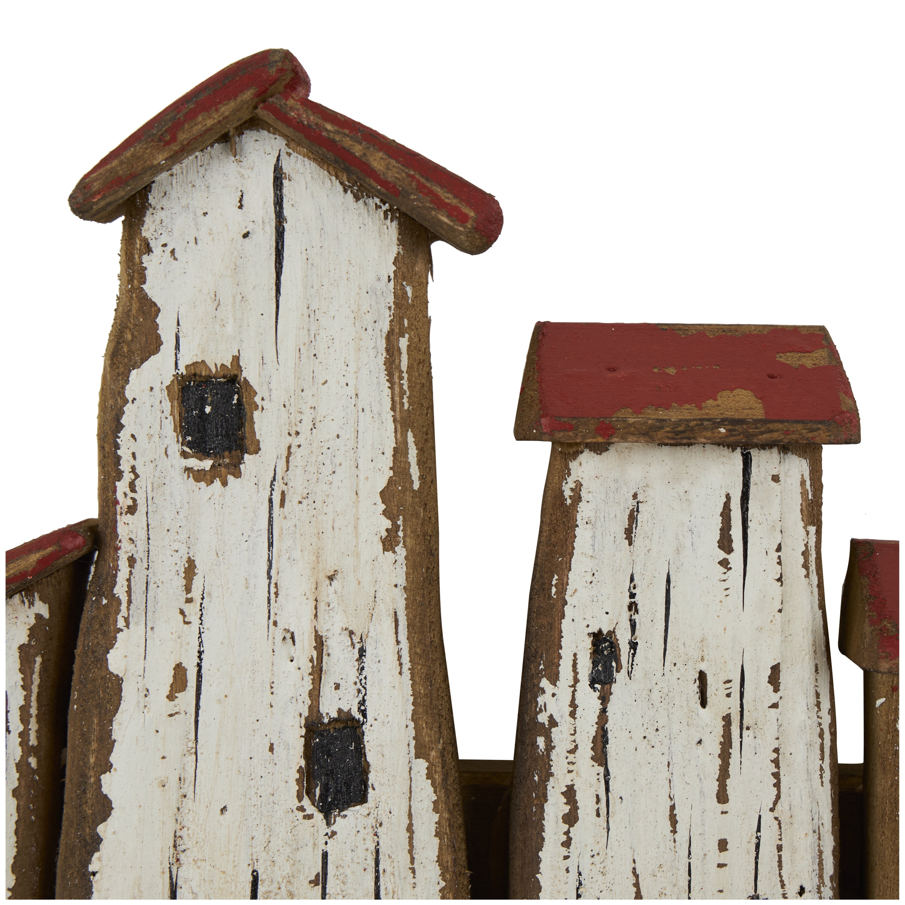 DecMode 16" x 11" Cream Wood Handmade Distressed House 3 Hanger Wall Hook with Red Roof Accents and Hanging Rope, 1-Piece