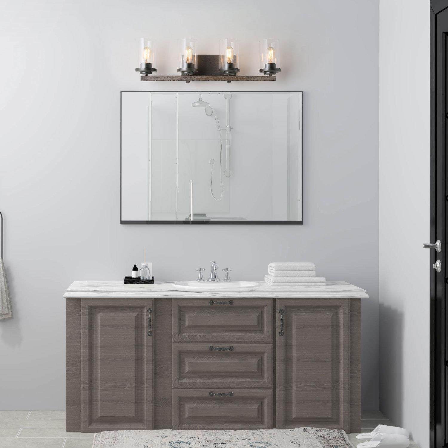 LNC 4-Light Black Cylinder Clear Glass Modern Farmhouse Wood Tone Bathroom Vanity Light