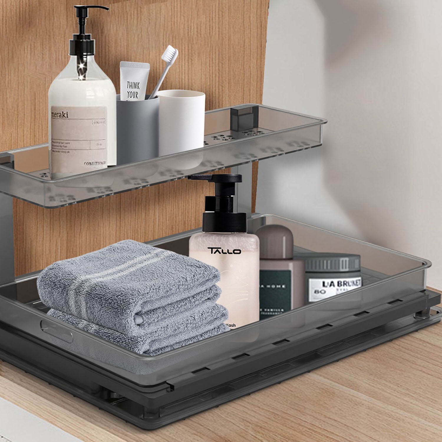 2Pcs Under Sink Organizer, 2 Tier Pull Out Under Cabinet Organizer, Stainless Steel Shelf, Slide Out Under Sink Storage for Kitchen Bathroom Cabinet Laundry Black