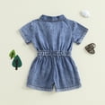 thumbnail image 4 of MKOSPLRT Denim Jumpsuit for Girl 12M-4Y Short Sleeve Lapel Collar Button Down Jumper Shorts Distressed Elastic Waist Bow Jean Rompers with Pocket, 4 of 9