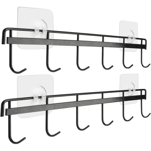 Adhesive Wall Hooks Rack Kitchen Rail, Space Saving Utensil Holder No Drilling Wall Mounted Accessory Hanger with 6 Hooks for Kitchen Bathroom Bedroom Pack of 2 (Black)