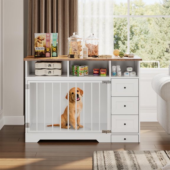 Dog Crate, 48" Farmhouse Dog Crate Furniture Console Table – Heavy Duty Dog Kennel with 3 Drawers & 3 Shelves, Hidden Bowl & Steel Lock, Indoor Pet Cage for Small and Medium Dogs, White