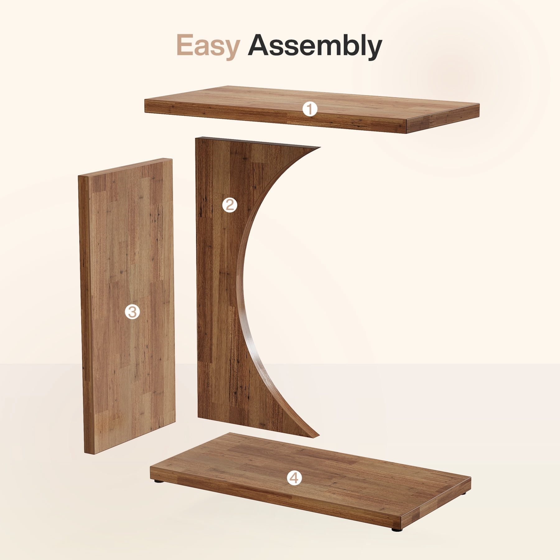 Fnova End Table Farmhouse C-shaped Side Table, Narrow Wooden Sofa Table with Space-Saving Design, Modern Bedside Table, Easy Assembly, Corner Table for Living Room, Bedroom, Nightstand, Brown