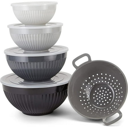Mixing Bowl Set (5 Pieces + 4 Lids) | Nested Melamine | 7, 8, 10, 11” Bowls & 9” Colander | Cooking, Mixing, Baking, Prepping, Stirring, Serving | Space-Efficient Storage (Black)