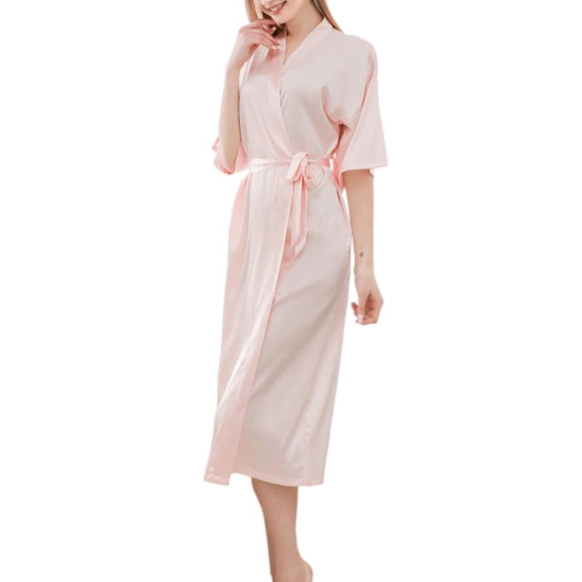 AherBiu Robes de Pyjama en Satin pour Femmes Manches Courtes Peignoir Ouvert devant Ceinture de Serrage Vêtements de Nuit Midi