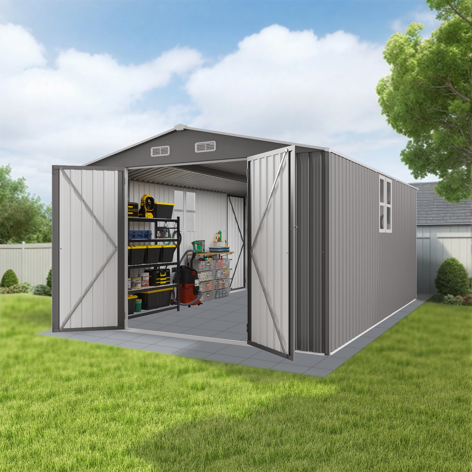 10x14 FT Outdoor Metal Storage Shed with 3 Lockable Doors & Window, Heavy-Duty All-Weather Garden Shed for Lawn Mowers, Bikes, Tools, Backyard, Patio, Grey