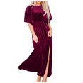 thumbnail image 2 of OSFVNOXV Evening Dresses for Women Formal Retro Velvet Dress Short Sleeve High Split Loose Flowy Maxi Dresses, 2 of 6