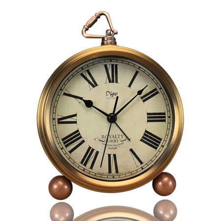Vintage Roman Numeral Table Clock, Silent Non-Ticking Quartz Battery Operated Desk Alarm Clock with HD Glass Cover for Bedroom, Living Room, Office Decor