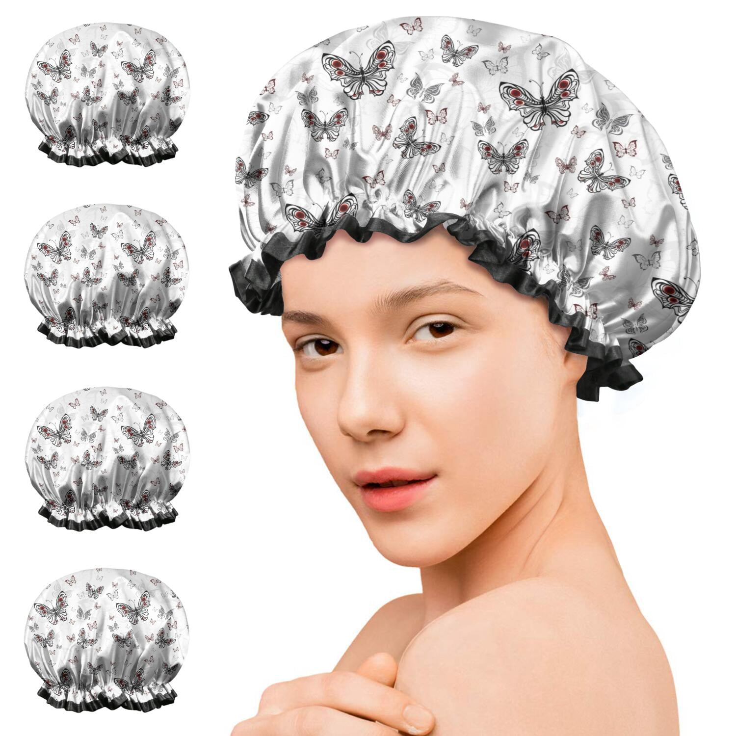 Shower Caps,Black White Butterfly Pattern Waterproof Shower Cap for Women 4 Pieces,Double Reusable Hair Cover for Shower PEVA Elastic Stretch Hem