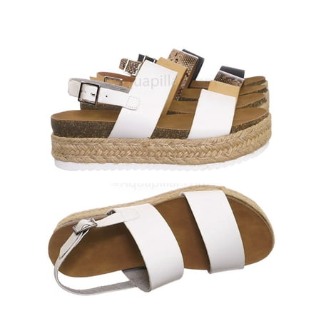 Merrell Rubber Sole Sandals Kazoo by Soda, 70s Retro Jute Wrap Espadrille Flat Platform Flatform Sandal, Treaded Sole ()