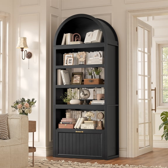 81" Tall Arched Cabinets, Bookcase with Storage Drawer, Mid-Century Modern 5-Tier Bookshelf for Living Room, Kitchen, Home Office, Black