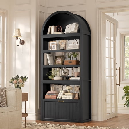 81" Tall Arched Cabinets, Bookcase with Storage Drawer, Mid-Century Modern 5-Tier Bookshelf for Living Room, Kitchen, Home Office, Black