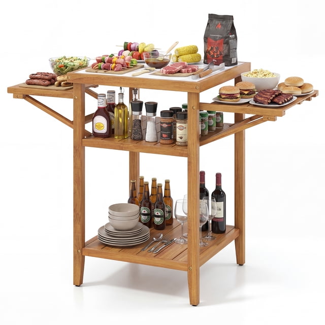 Gymax Outside Kitchen Island & BBQ Prep Table w/Faux Marble Top Drop-Leaf Side Panels