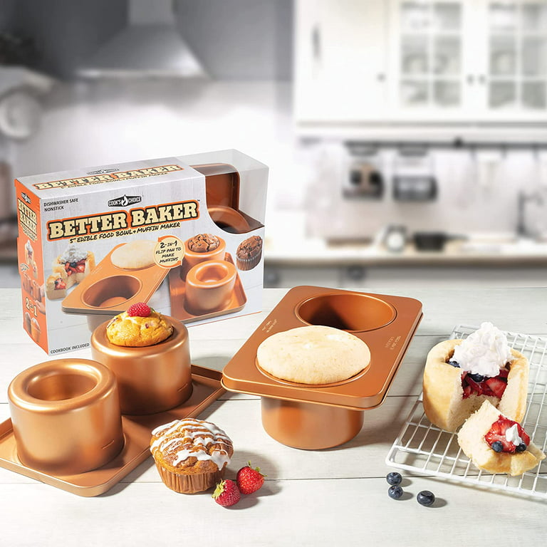 Cook's Choice Better Baker Edible Food Bowl and Muffin Maker- Bake Two 5 inch Dessert and Dinner Bowls or Muffins with Cookbook Included, Gold