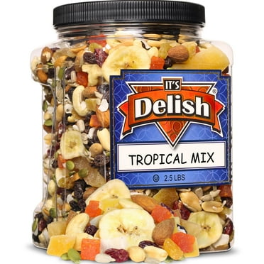Tropical Mix  Fruit and Nut Trail Mix by Its Delish, 2.5 lbs Jumbo Reusable Container Jar  Energy Boost Healthy Snack with Protein & Vitamins with Mixed Nuts & Dried Fruits  Keto, Vegan, Kosher