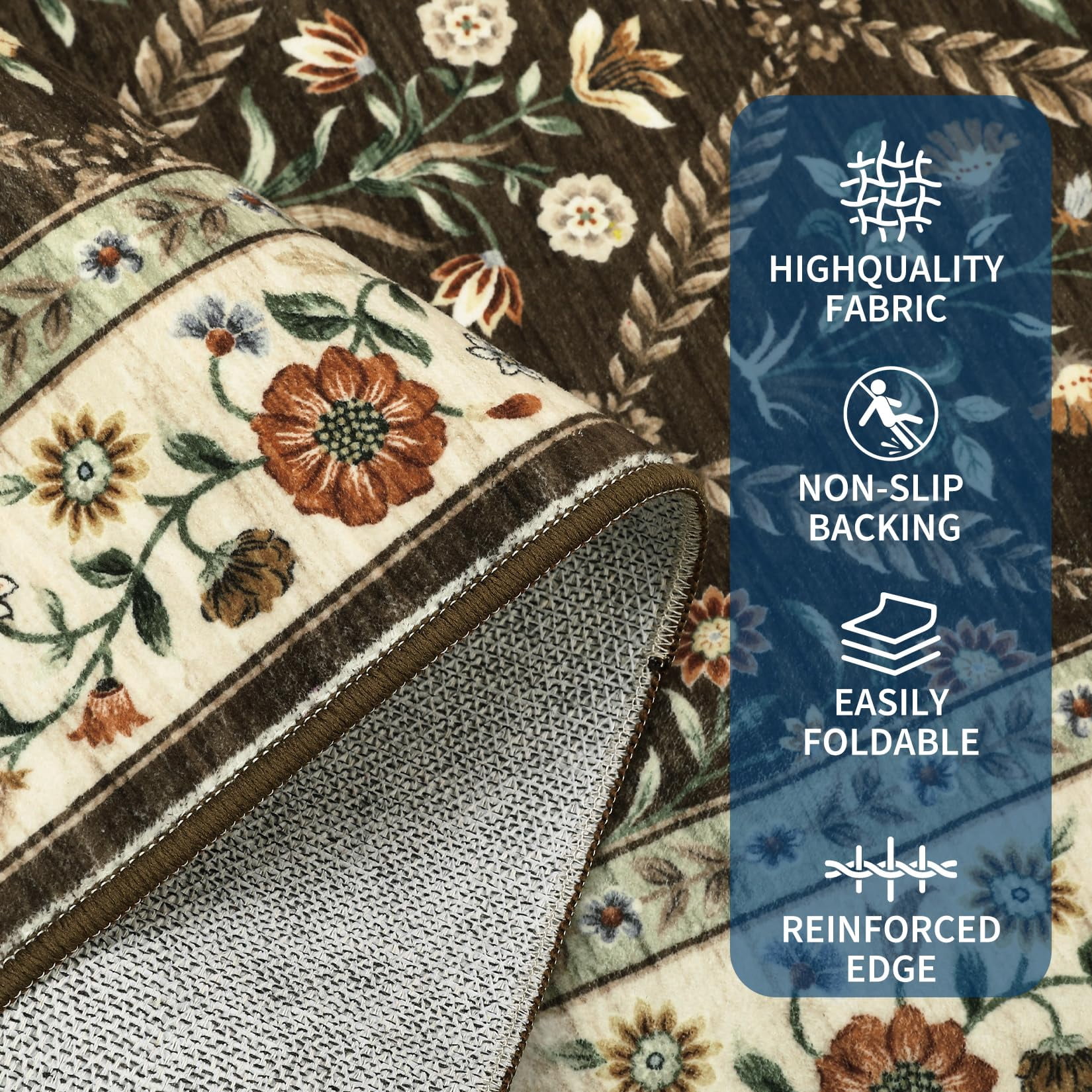 COZONY 9x12 Washable Area Rug, Distressed Vintage Floral, Non-Slip Low Pile Soft Rug for Living Room, Bedroom, Dining Room, Farmhouse Decor, Brown