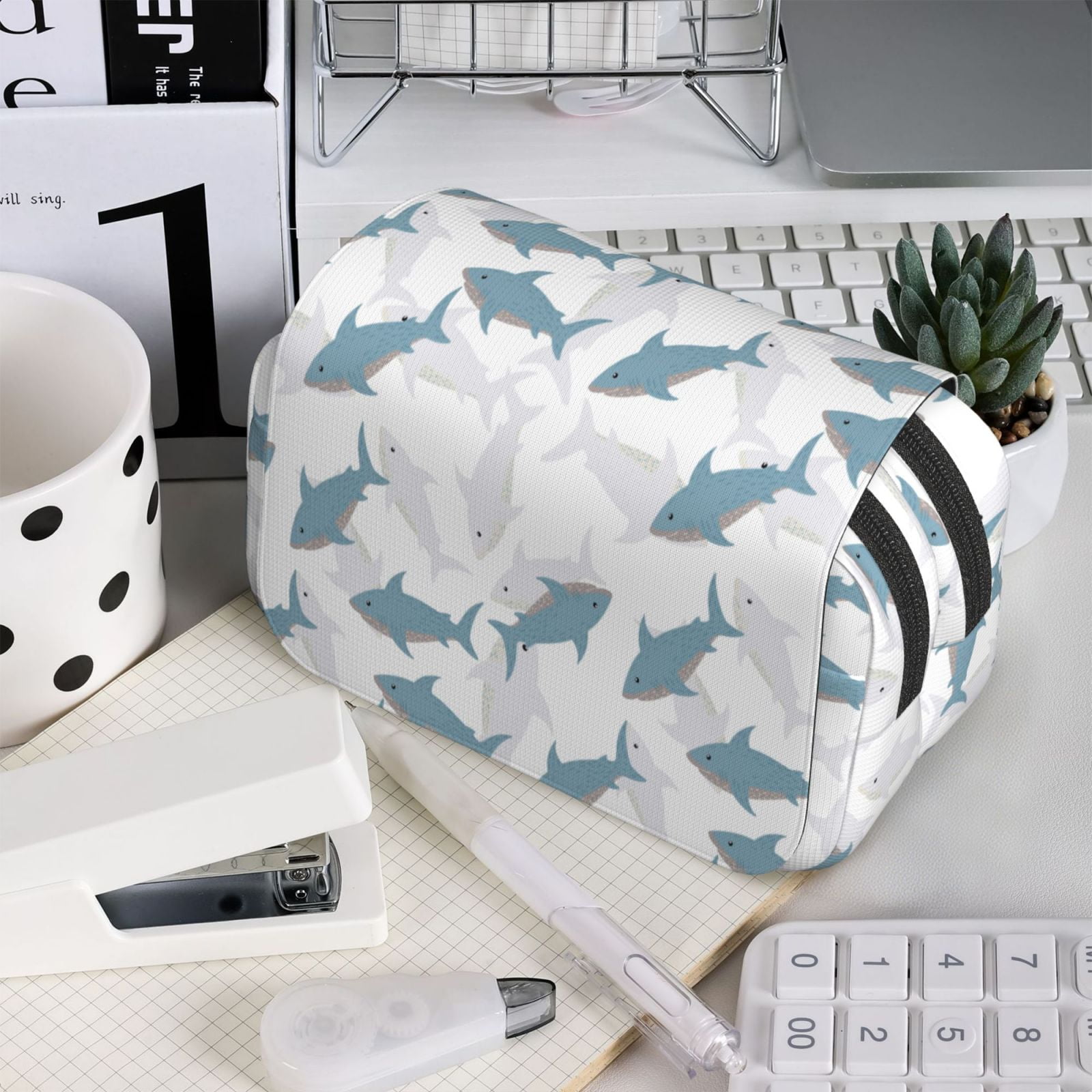 Rateoe Cute Shark Pattern Double Clamshell Pen Case, Storage Organizer with Two Zipper Compartments– Holds Up to 50 Pencils & Pens