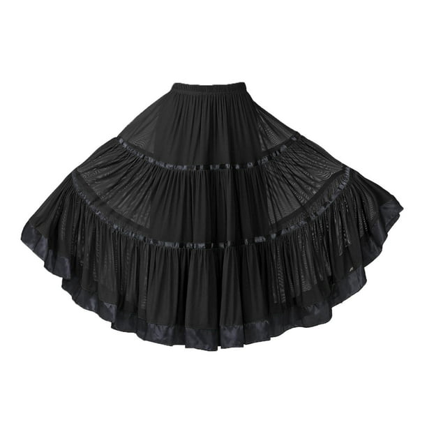 Falda de baile para mujer, estilo flamenco, estándar, vals, fiesta, larga, de malla, con vuelo Negro