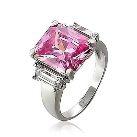 - .925 Silver Rose Pink Emerald Cut CZ 3 Stone Engagement Ring