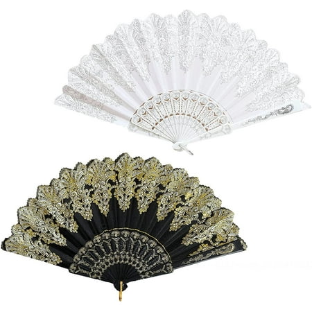 

Set Of 2 Folding Fan Vintage Hand Fan Folding Fans Classic Series For Wedding Party Gift Decoration Party Costume Dance (White+Black)