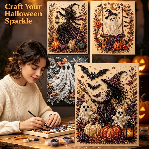 Halloween Diy Craft Supplies, Halloween Diamond Art Kit, Spooky Gothic Fall Halloween Decor with Witch Pumpkin Decorations, 16X12 Inch Round Drill Diamond Art on Canvas, Comes