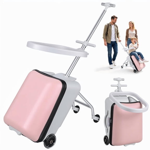 2 in 1 Ride-on Luggage for Kids, 20 Inch Expandable Ride-on Suitcase for Kids with Spinner Wheels, Scooter Suitcase with Detachable Seat, Safety Guardrail