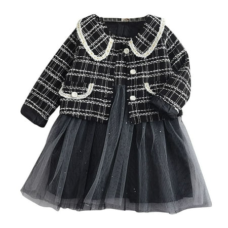 

Toddler Kids Baby Girls Sleeveless Tulle Princess Dress Long Sleeve Casual Plaid Coat Outfit Set Clothes 2PCS Baby Outwear