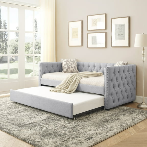 New Daybed with Trundle Upholstered Tufted Sofa Bed, with Button and Copper Nail on Square Arms,both Twin Size,Grey(85"x42.5"x31.5")