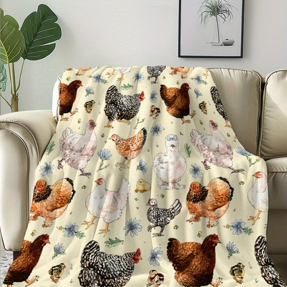Cozy Watercolor Chicken & Floral Print Blanket Soft Warm Flannel Throw for Naps Camping Travel and Home Decor Perfect Gift for Friends Family and Loved Ones