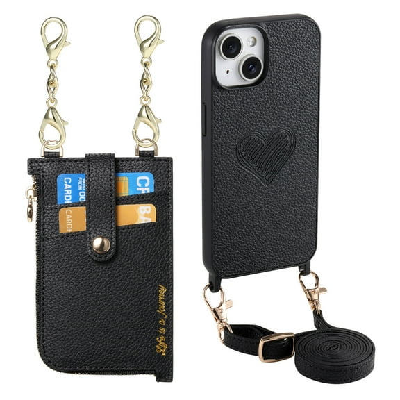 Stylish for iPhone 14 Heart Pattern Back Phone Case, with Crossbody Strap Litchi Texture PU Leather Card Slots Bag Drop Protection Multifunctional Zipper Pocket for iPhone 14, Black