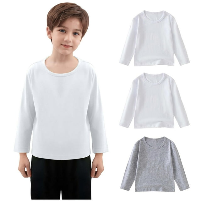 fatyb Lot de 3 T-Shirts en Coton à Manches Longues pour Garçons Filles Col Rond Chandails Décontractés Unis T-Shirt Basique pour Enfants