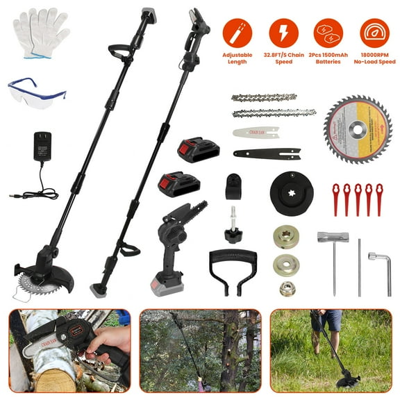 Imountek 3 in 1 Cordless Electric Saw & Grass Trimmer Kit, 13in/56in/75in Reach Pole Saw for Tree Trimming with 4in/6in Chains Saw Blade 5Pcs Plastic Blades