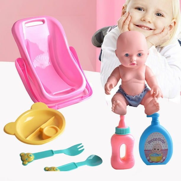Juguetes de piscina, juguete para bebé, juguete para niño pequeño, mini cuna de simulación esmaltada, cesta para transportar muñecas, vajilla, set de figuras de acción para el baño, muñeca bebé