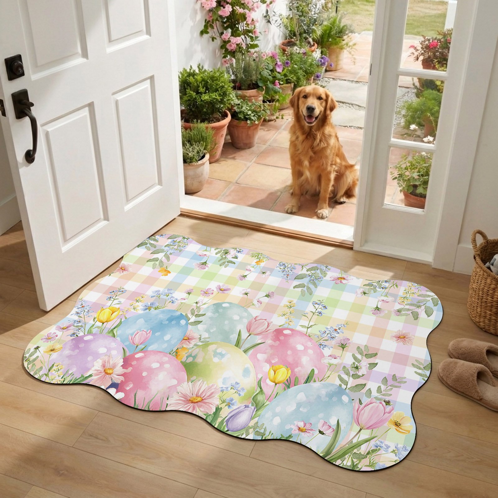 Front Door Mat Outside Entrance 18 x30 Colorful Easter Absorbent & Non-Slip Scalloped Doormat Indoor Entrance Low-Profile Welcome Mat for Entryway Patio Easter Eggs Botanical Spring Floral