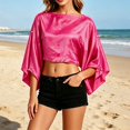 thumbnail image 2 of Fewfanhot Women Satin Batwing Sleeve Crop Poncho Top, Pearl Decor Summer Loose Oversized Boat Neck Layering Cover Up, 2 of 10