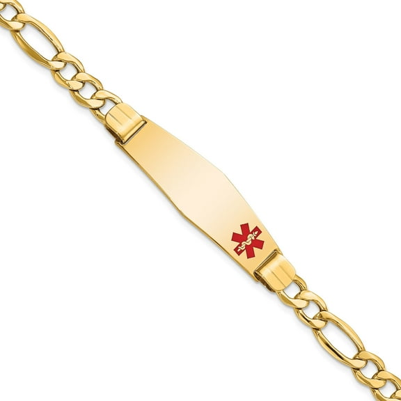 10K Yellow Gold Semi-Solid Medical Soft Diamond Shape Red Enamel Figaro Id Bracelet (Width 13.5) (Length 8) - Jbsp