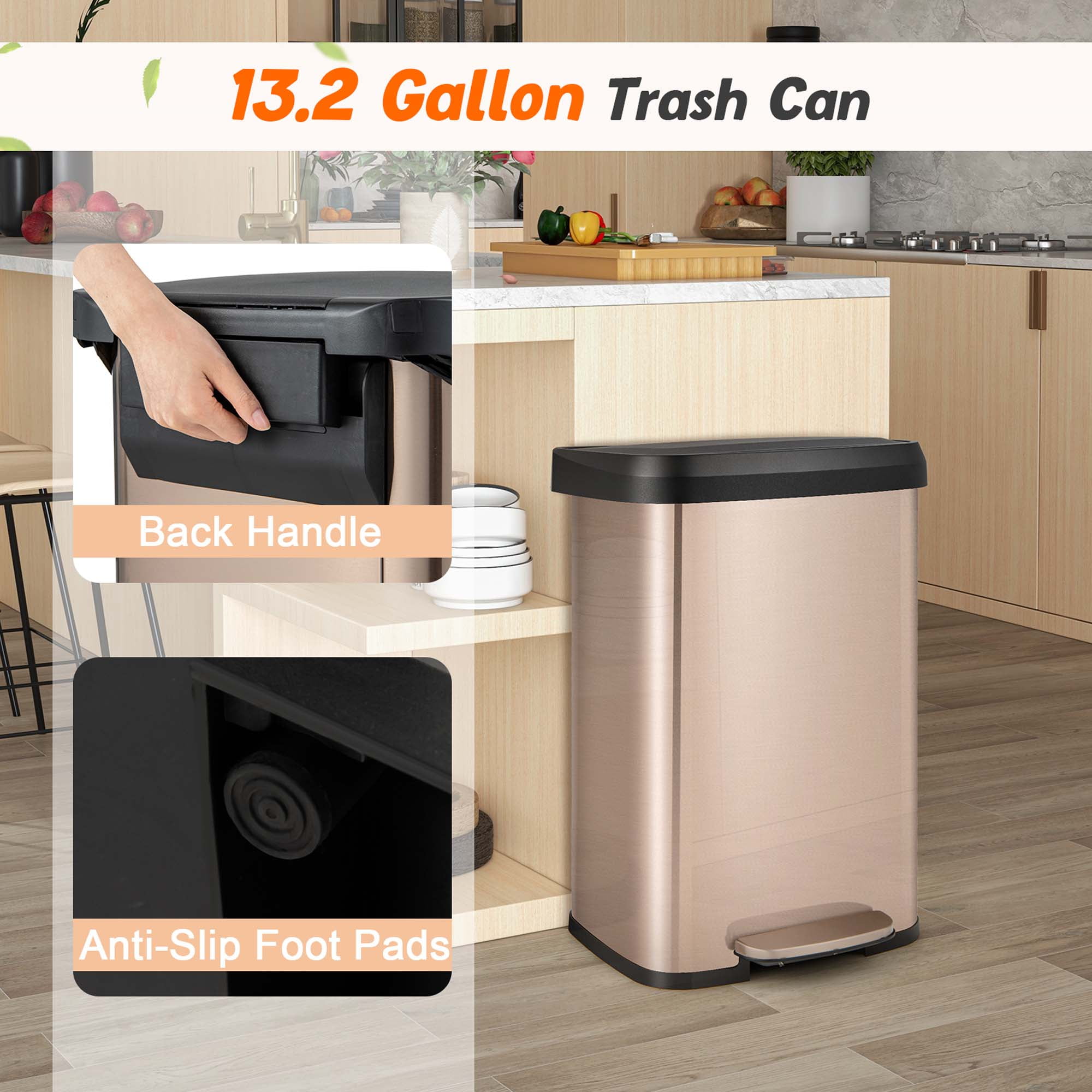 Costway 13.2 Gallon Step Trash Can Stainless Steel Airtight Garbage Bin for Home Kitchen Golden