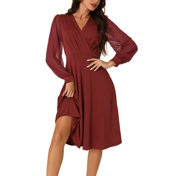 Vestido envolvente para mujer INSPIRE CHIC con cuello en V, mangas largas de linterna, vestido midi con puntos suizos y bolsillos en color rojo vino, talla S