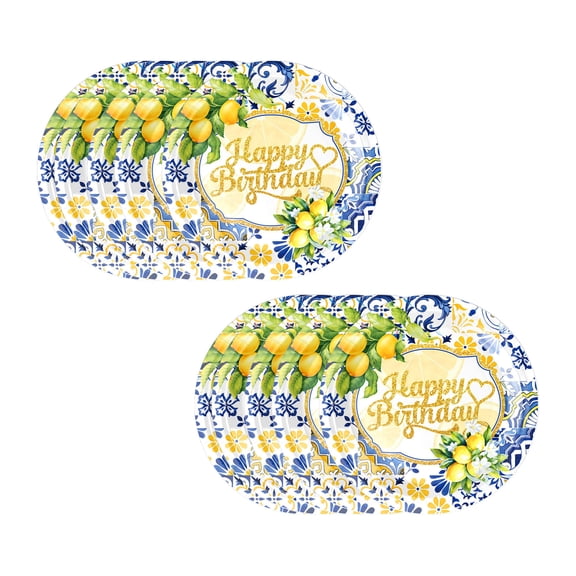 10Pcs Lemon Party Oval Plates,Yellow and BlueTile Flower Pattern for Lemon Party Dining Room Birthday Wedding Decoration