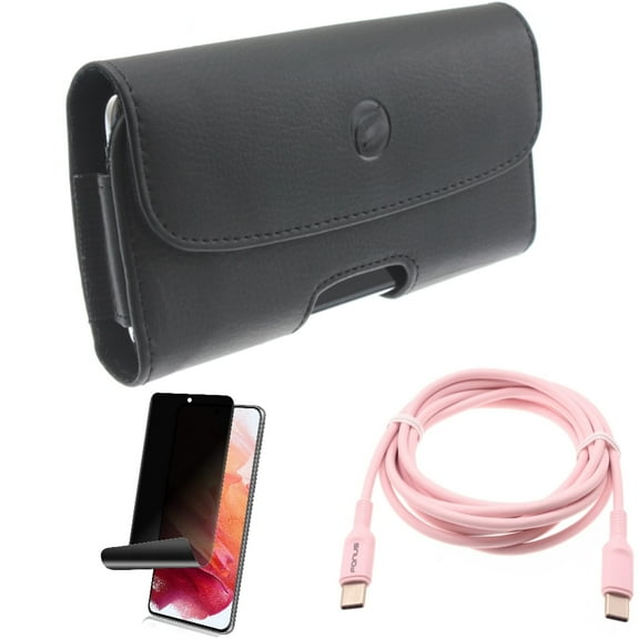 Case Belt Clip & Privacy Screen Protector & Pink 6ft Long Cable for Samsung Galaxy S22 (6.1") - Leather Holster & TPU Film Fingerprint Works & USB-C to Type-C PD Fast Charger Accessory Bundle