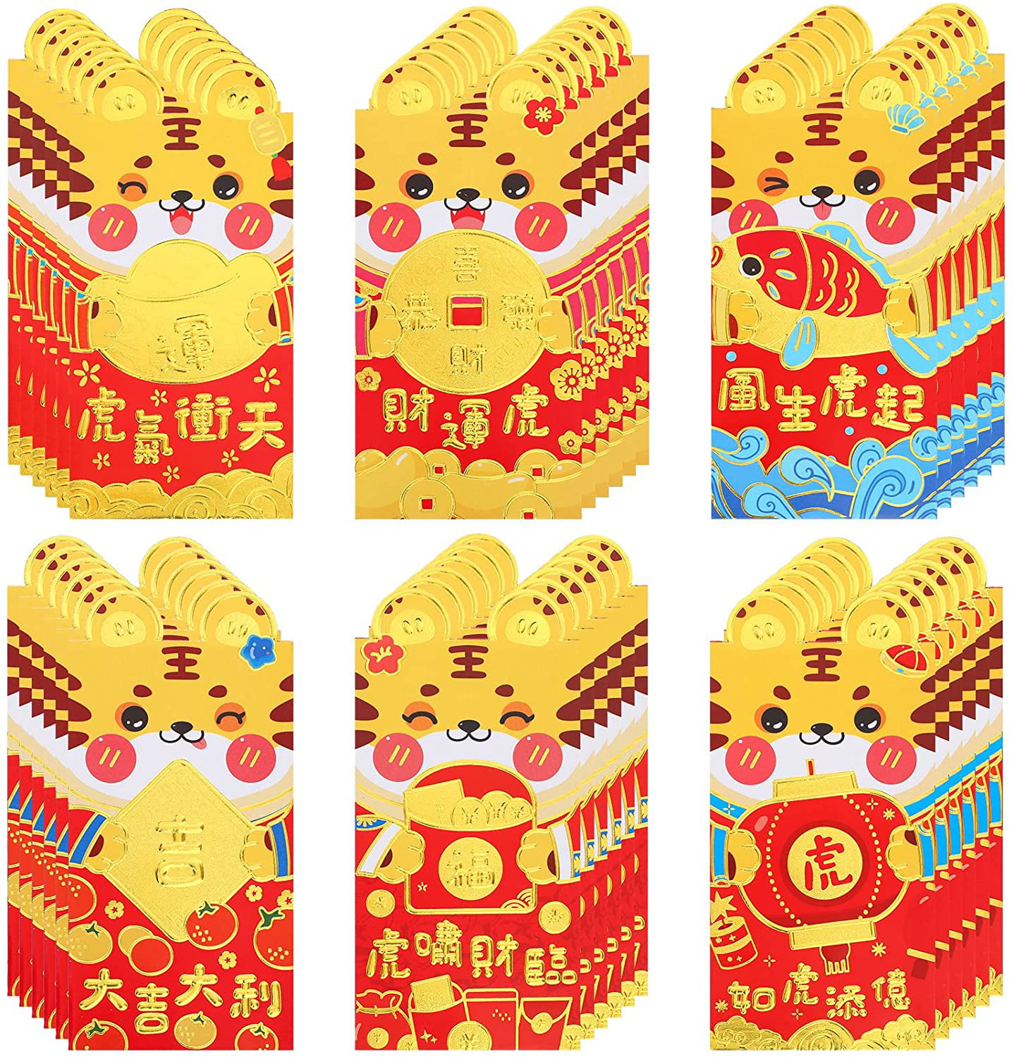 SINGOMON 36PCS Tiger Red Envelopes Chinese Red Envelopes 2022 Chinese New Year Red Bags Lucky Money Pockets Red Pockets Hong Bao with Cute Tiger and Blessing Words for 2022 Chinese New Year Spring Festival Birthday Wedding Baby Shower Party