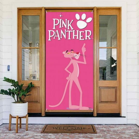Door Banner Decorations Pink Panther Porch Sign Banner Indoor Outdoor Wall Home Party Supplies 72.8 x 35.4 Inch