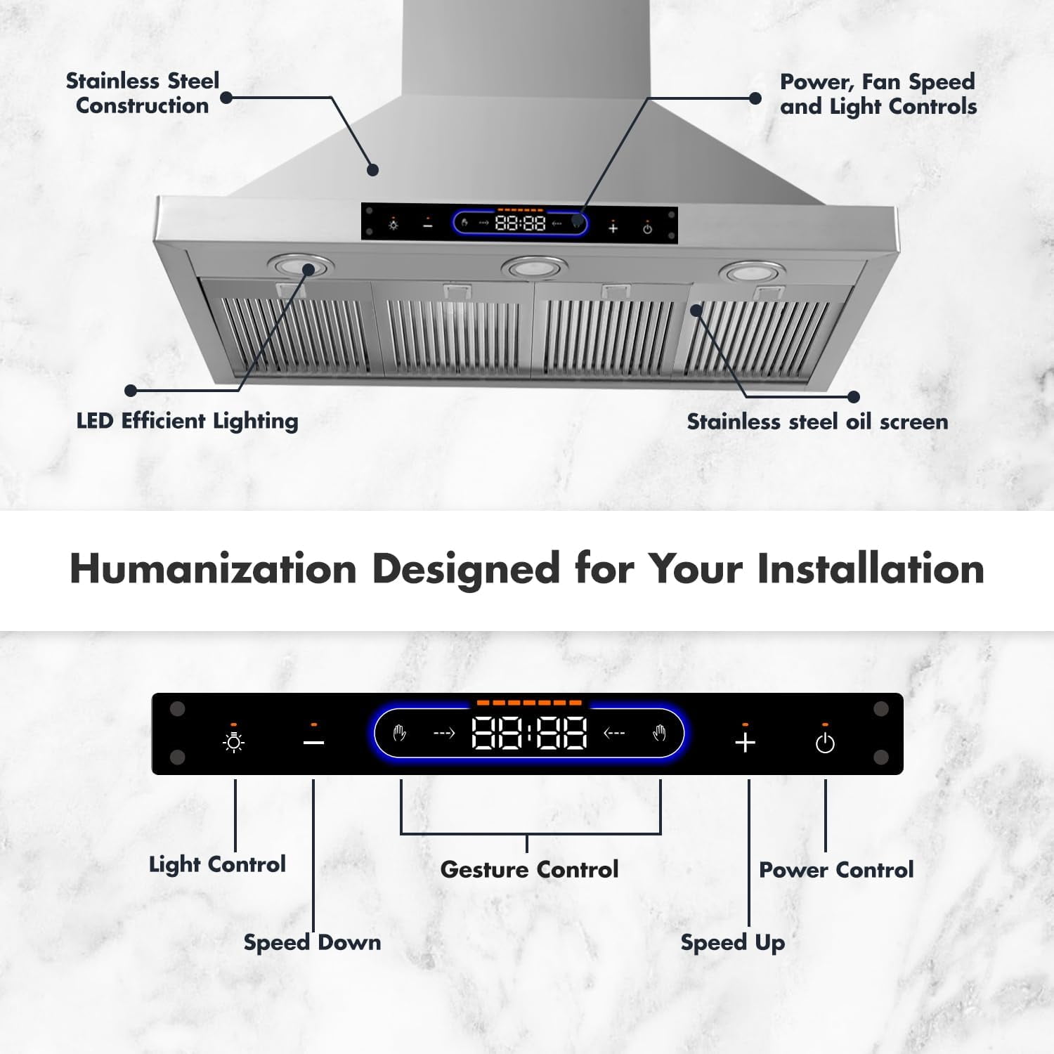 48 inch Wall Mount Range Hood Convertible Vent Dual Motors with Permanent Baffle Filters 1500 CFM Stainless Steel for Kitchen Gesture Sensing & Touch Control, 4 Speed Exhaust Fan, ETL Listed