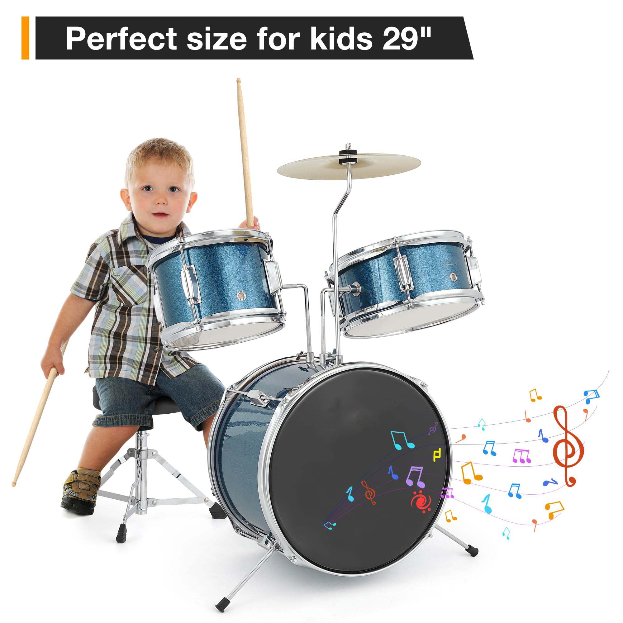 Huisuilinss Kids Drum Set For Musical Instruments,3-Piece Junior Drum Sets For Beginner,With Bass,Tom-Tom,Snare,Cymbals,Hi-Tone,Sticks,Base Pedal And Stool