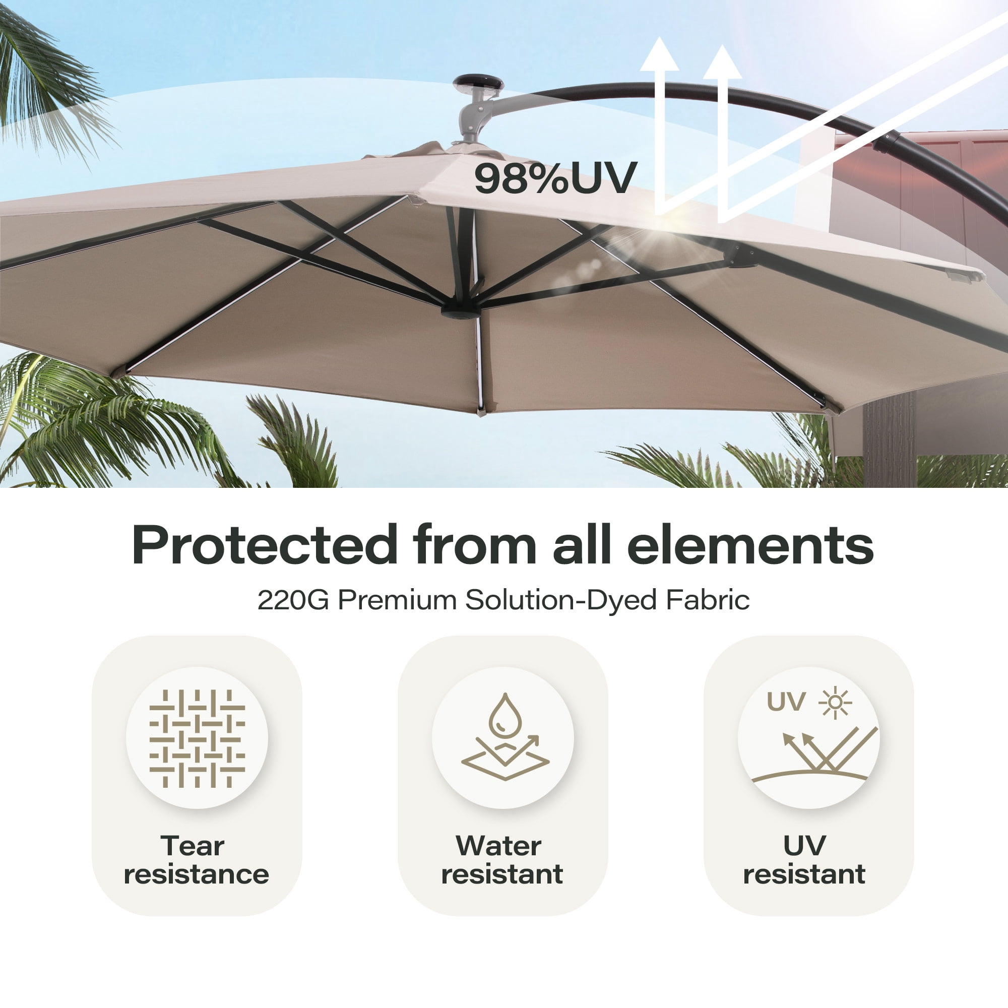 KAMEROUT 11 FT Outdoor Curvy Cantilever Umbrella with Solar LED Lights, Heavy Duty Windproof Offset Patio Umbrellas with 360° Rotation for Market, Pool, Garden, Backyard, Champagne