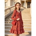 thumbnail image 3 of Lanbubble Girls Long Sleeve Floral Dress Square Neck Ruched A-Line Casual fall winter Dress 7-14 Years, 3 of 11