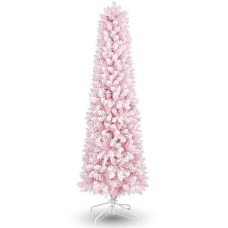 Funcid 6ft Snow Flocked Pencil Christmas Tree Slim Artificial Xmas Tree  Christmas Pine Tree with 566 PVC Branch Tips  Foldable Metal Stand  Hinged Branches  Pink