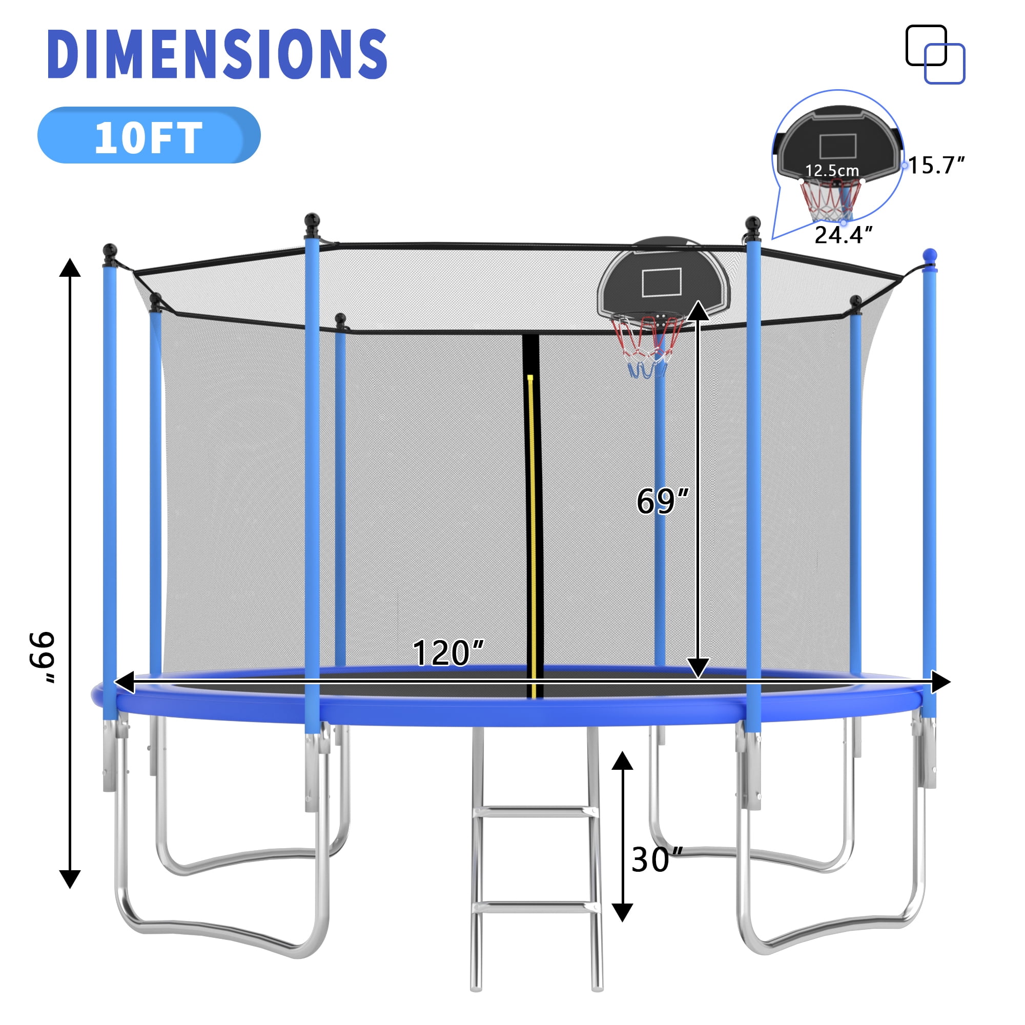 OVATO 1000LBS 10FT Trampoline for Adults and Kids,Trampoline with Enclosure,Basketball Hoop, Recreational Trampoline with Ladder, Heavy Duty Trampoline Capacity for 5-6 Kids