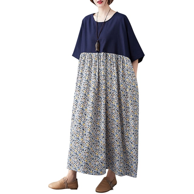 Vestido de lino y algodón para mujer, suelto, cuello redondo, manga corta, talla grande Eccomum 7